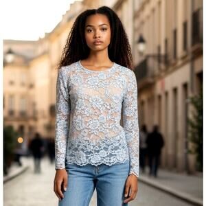 Diane Von Furstenberg Lace Blouse Size 8 Blue Nude Sheer Floral Long Sleeve Top